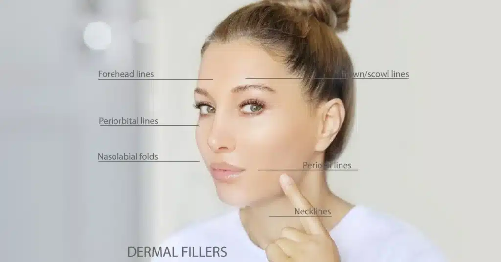woman-illustrating-areas-treated-with-dermal-fillers-sculpted-contours-medspa