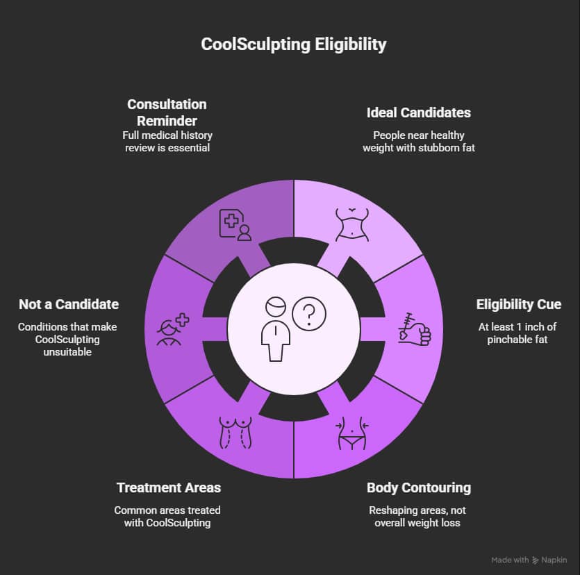Infographic explaining who is a good candidate for CoolSculpting, including near-goal weight, pinchable fat requirement, body contouring vs weight loss, treatment areas, medical contraindications, and consultation reminder.