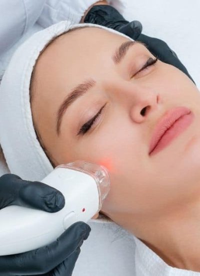 Morpheus8 device working on a woman's forehead for collagen stimulation and skin rejuvenation.