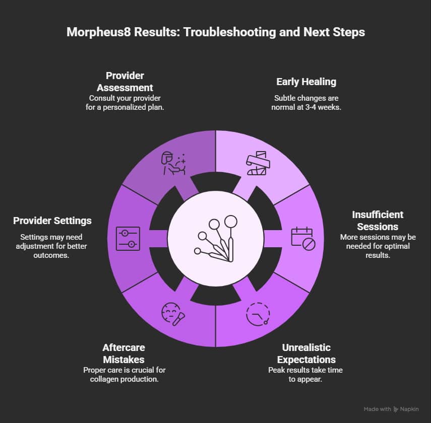 Vertical infographic explaining why Morpheus8 results may seem delayed, with a week 3 to month 3 timeline, four common reasons, and guidance to get a provider assessment before more sessions.