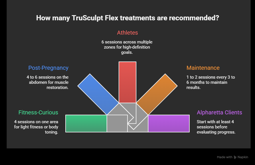 Recommended TruSculpt Flex treatment infographic showing session plans for fitness goals, post-pregnancy muscle restoration, athletic definition, and maintenance care.