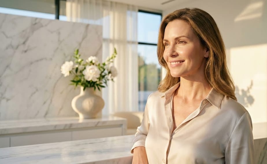 Natural facial volume restoration and skin rejuvenation results after Sculptra biostimulator treatment.